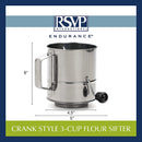 RSVP International Endurance Stainless Steel Crank Style Flour Sifter, 3 Cup | Sift Flour & Dry Ingredients for Baking | Manual Crank | Dishwasher Safe