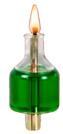 A medium-sized glass Hanukkah oil cup candle pre-filled with bright green oil, featuring a brass wick holder and a lit wick.