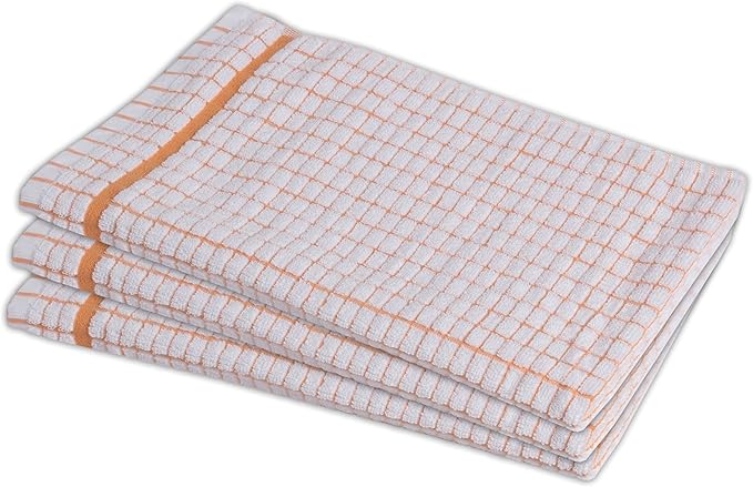 Set of three orange checkered STAR Classic Kitchen Dish Towels neatly folded on a white surface.