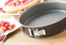 A silver, non-stick 10-inch springform cake pan with a quick-release latch.