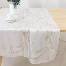 A luxurious-looking polyester tablecloth designed to protect and decorate rectangular tables, featuring a stylish marble print.
