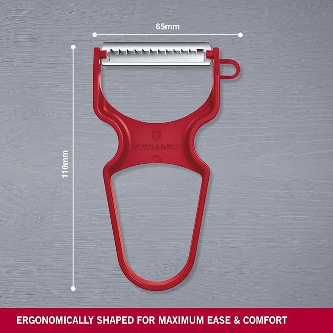 Red Victorinox Rapid Peeler and Shredder with stainless steel blade and built-in bud remover displayed with dimensions.