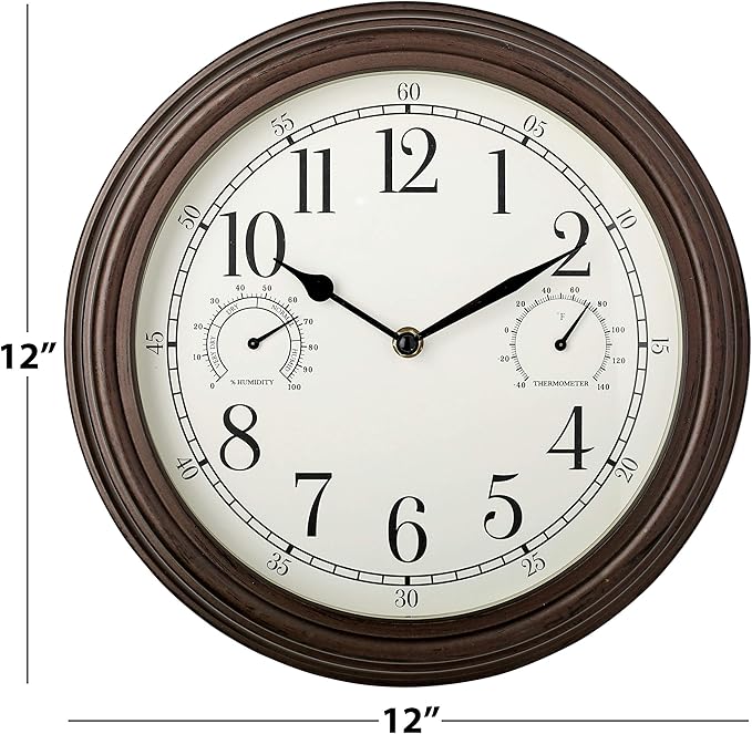 Westclox 12-inch indoor/outdoor wall clock with temperature and humidity gauges in bronze on a white background.