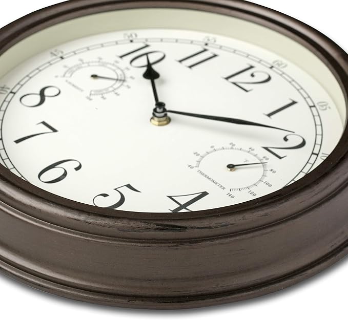 Westclox 12-inch indoor/outdoor wall clock with temperature and humidity gauges in bronze on a white background.