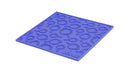 A blue 7" square silicone trivet with raised skillet pattern, shown flat on a white background.