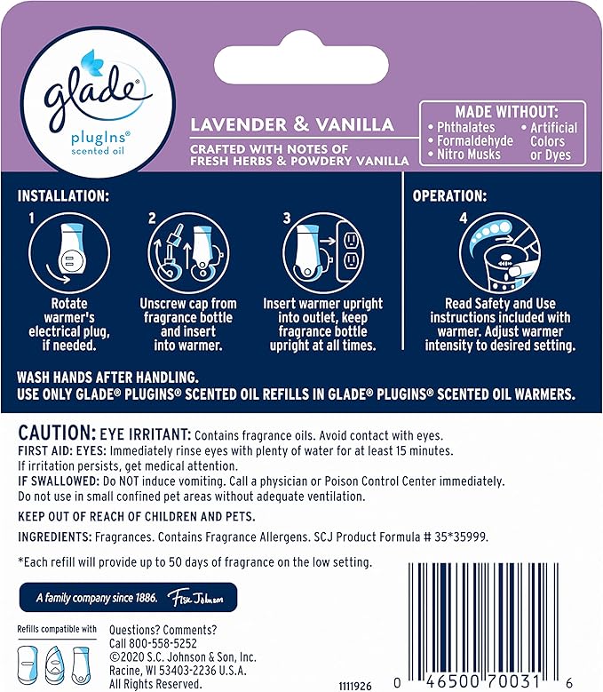 Two Glade PlugIns scented oil refills in Lavender & Vanilla scent, featuring transparent bottles with purple-tinted oil and lavender-themed labeling, shown on a white background.