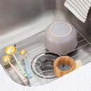 Premium Stainless Steel Kitchen Sink Grid, ideal for protecting sinks and drying dishes. This durable rack features rubberized feet and an opening for the drain, designed for easy operation and versatile kitchen preparation.