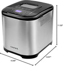 Courant automatic bread maker with a brushed stainless steel body, black accents, and a top-hinged black lid featuring a small digital screen, labeled control buttons, and a vented design.
