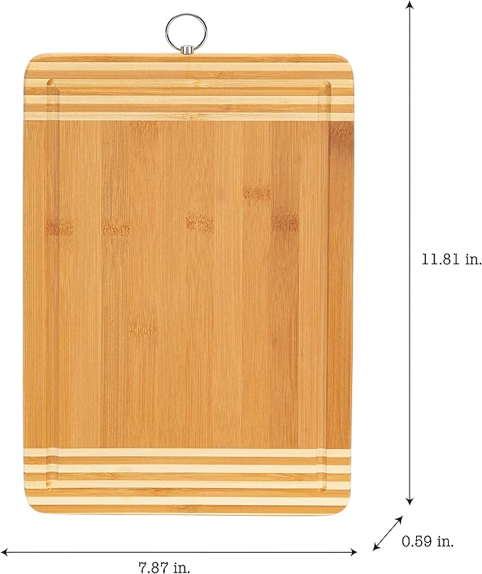 Medium rectangular bamboo cutting board with drip edge on a white background.