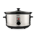 Stainless steel slow cooker with black lid and control dial.