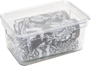 Small clear plastic storage bin with lid and open handles, containing towels, shown on a white background.