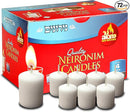 A bulk cardboard box of 72 Ner Mitzvah brand Neironim votive candles, with red, blue, and yellow packaging indicating a 4-hour burn time.
