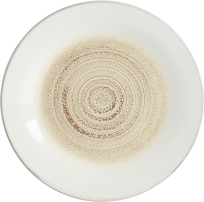 Dessert Plate: Taupe stoneware dessert plate featuring a slightly smaller size with matching spiral design, shown on a white background.