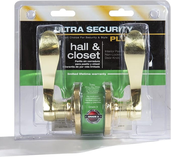 Ultra Hardware 44350 polished brass hall and closet door knob set shown against a white background.
