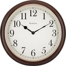 15.5-inch round dark brown woodgrain wall clock with black numbers and black hands on a white background.