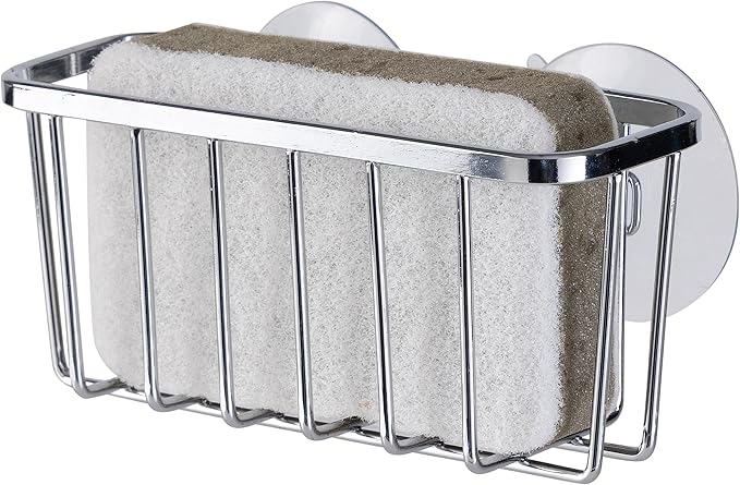 Chrome wire sponge holder with suction cup attached, displayed holding a sponge on a white background.
