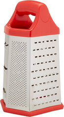 Stainless steel 6-sided cheese grater with ergonomic handle, standing upright on a white background.