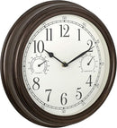 A 12-inch Westclox indoor/outdoor wall clock with a bronze frame, featuring an analog display with a temperature gauge and a humidity gauge.
