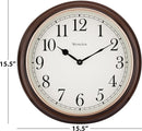 15.5-inch round dark brown woodgrain wall clock with black numbers and black hands on a white background.