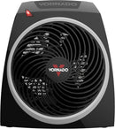 Black Vornado VH5 personal space heater with front grille and compact modern design on a white background.