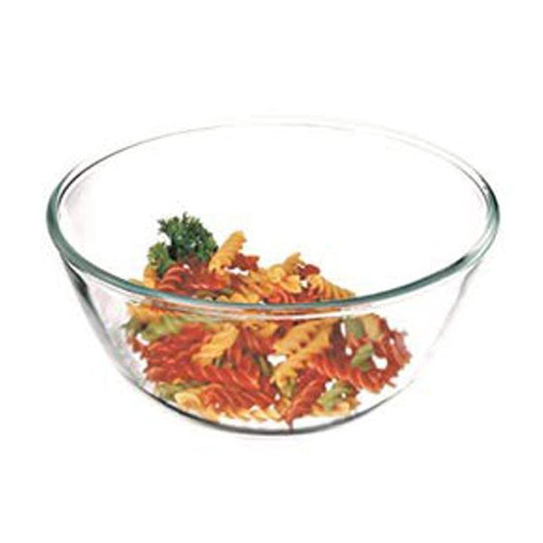 A Simex 118.3-ounce clear glass salad bowl filled with colorful pasta salad, designed for serving, mixing, and meal prep.