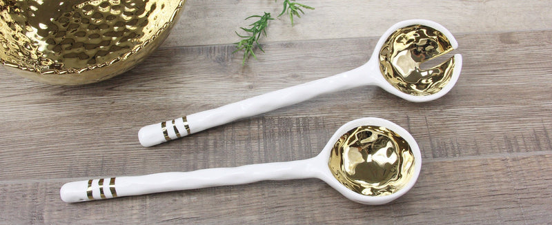 White and Gold Ceramic Salad Server Set