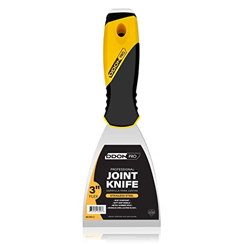 Flexible putty knife with a stainless steel blade and black-and-yellow soft grip handle, displayed on a white background.