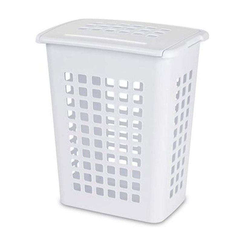Alternate view of white plastic Sterilite laundry hamper with breathable design
