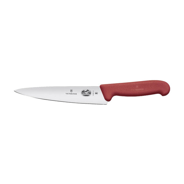 A Victorinox 6-inch carving knife with a sharp stainless steel blade and an ergonomic red Fibrox handle, designed for precision slicing.