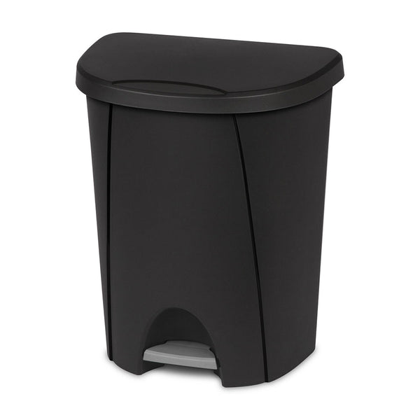 Black Sterilite 6.6-gallon step-on trash can with curved lid and foot pedal