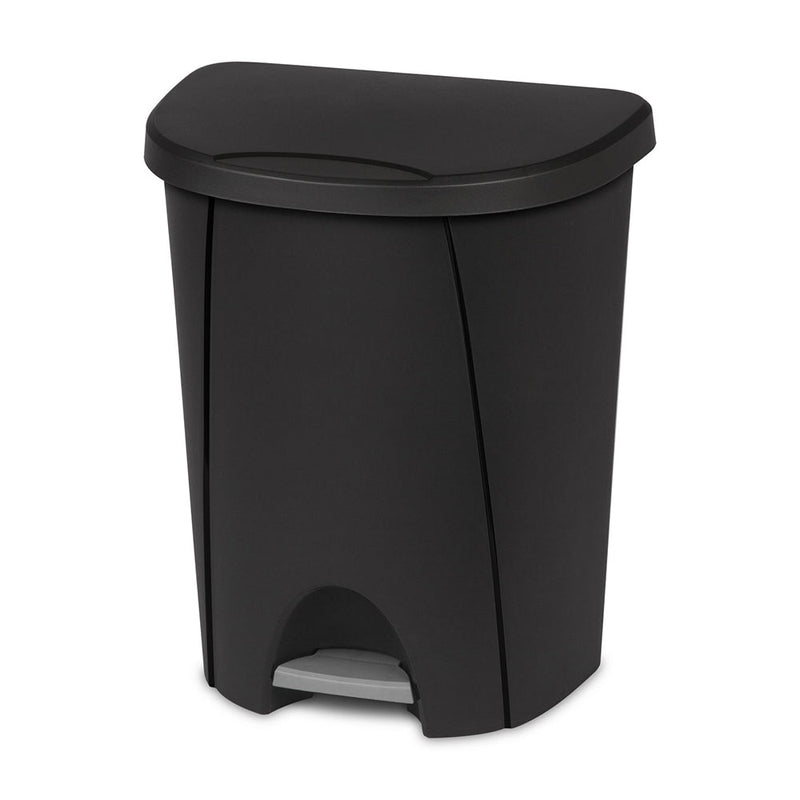 Black Sterilite 6.6-gallon step-on trash can with curved lid and foot pedal