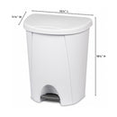 White Sterilite 6.6-gallon trash bin with step pedal and rounded lid, shown with dimensions