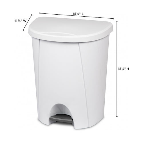 White Sterilite 6.6-gallon trash bin with step pedal and rounded lid, shown with dimensions