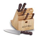 Victorinox 7-piece rosewood knife block set featuring stainless steel blades, triple-riveted wooden handles, honing steel, and a sturdy wooden block with engraved icons.