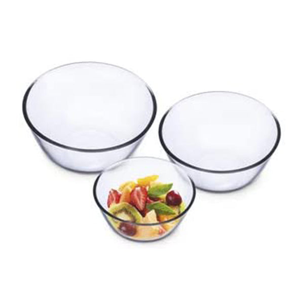 A Simex 84.5-ounce clear glass salad bowl, part of a three-piece set, filled with fresh fruit salad and designed for mixing and serving.