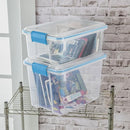 Clear Sterilite 20 Quart Gasket Box with a white lid and blue latches.