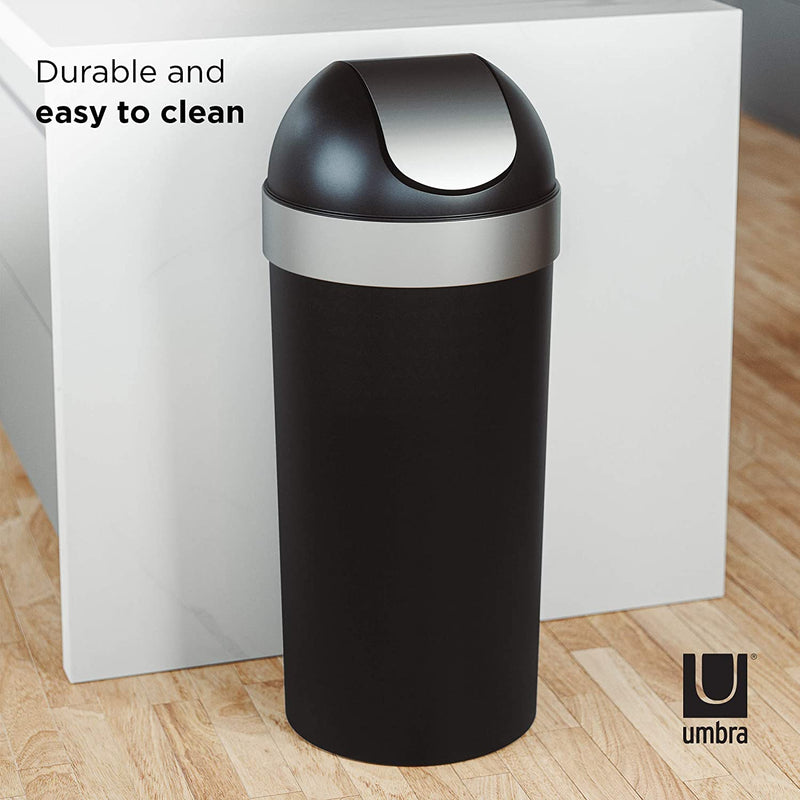 Umbra Venti 16-Gallon Swing Top Kitchen Trash Can Large, 35-inch Tall Garbage Can for Indoor, Outdoor, Black/Nickel