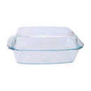 A Simex oblong glass casserole dish with a matching clear glass lid, designed for baking, roasting, and serving meals.