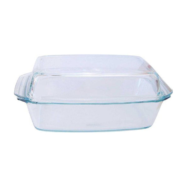 A Simex oblong glass casserole dish with a matching clear glass lid, designed for baking, roasting, and serving meals.