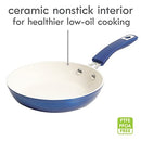 A full 12-piece nonstick cookware set with a shiny blue metallic exterior and white interior, including pots, pans, and two wooden utensils.