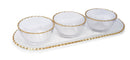 Elegant three-piece serving set featuring clear glass bowls with decorative gold rims and a matching gold-trimmed rectangular serving tray, perfect for appetizers, dips, or condiments.