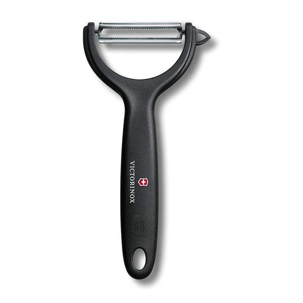 A Victorinox soft skin peeler with a Y-shaped ergonomic black handle and ultra-sharp stainless steel blade, designed for delicate fruits and vegetables.