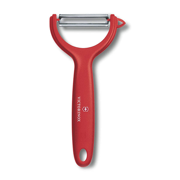 A Victorinox soft skin peeler in red with a Y-shaped ergonomic handle and an ultra-sharp stainless steel blade, ideal for peeling tomatoes, kiwis, and other delicate fruits and vegetables.