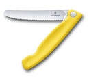 A bright yellow Victorinox foldable knife with a serrated stainless steel blade shown partially open. The handle has an ergonomic shape.