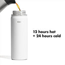 OXO Good Grips 20 oz stainless steel travel coffee mug in quartz finish with twist lid on a white background.