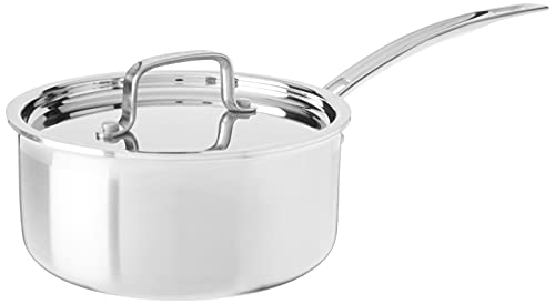 The Cuisinart Saucepan with Cover by Conair LLC, also known as the Multiclad Pro Triple Ply 2-Quart Skillet (MCP19-18N), features a dishwasher-safe stainless steel design with a matching lid. The saucepan has a long handle, and the lid is equipped with a rounded handle that fits securely on the pot, showcasing its shiny surface beautifully.