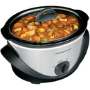 Hamilton Beach 4-quart oval slow cooker filled with stew and black temperature control dial on front
