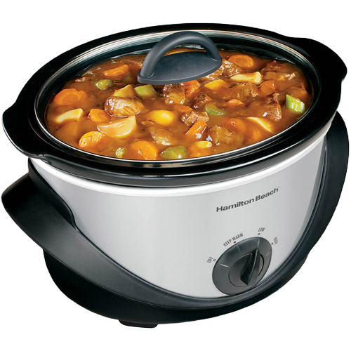 Hamilton Beach 4-quart oval slow cooker filled with stew and black temperature control dial on front