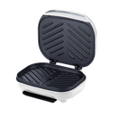 Open white Dominion electric grill and panini press with non-stick ridged plates