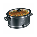 Hamilton Beach 8-quart black slow cooker filled with pot roast and vegetables, featuring a clear glass lid and side handles